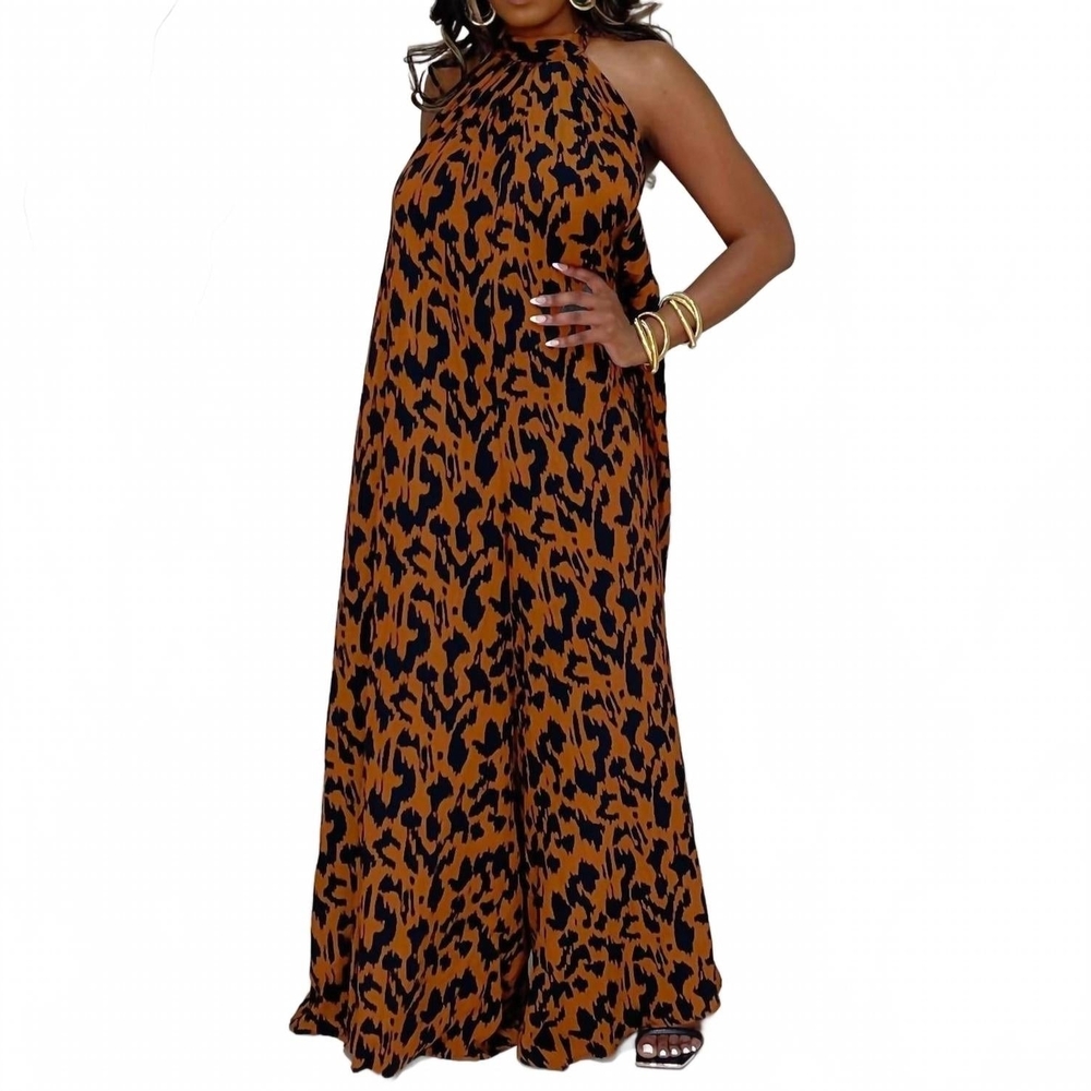 Elegant Animal Print Halter Maxi Dress